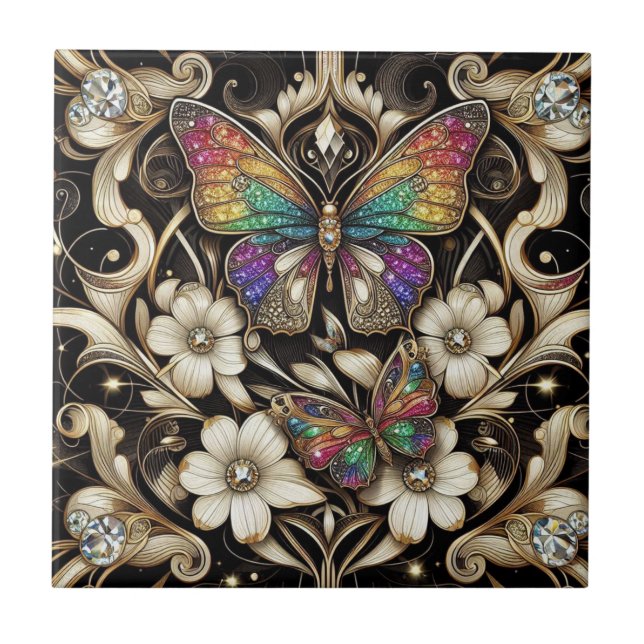 Retro Art Deco Nouveau Rainbow Butterfly Tile (Front)