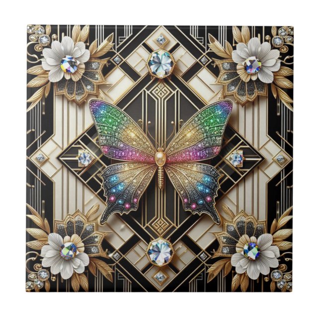 Retro Art Deco Nouveau Rainbow Butterfly Tile (Front)