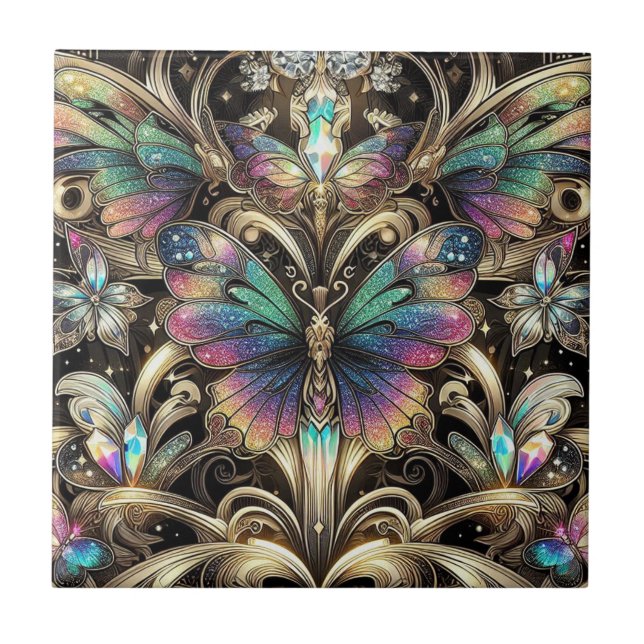 Retro Art Deco Nouveau Rainbow Butterfly Tile (Front)