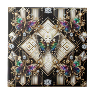 Retro Art Deco Nouveau Rainbow Butterfly Tile