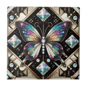 Retro Art Deco Nouveau Rainbow Butterfly Tile
