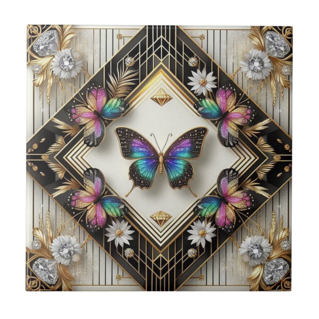Retro Art Deco Nouveau Rainbow Butterfly Tile (Front)