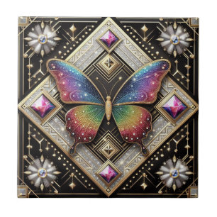 Retro Art Deco Nouveau Rainbow Butterfly Tile
