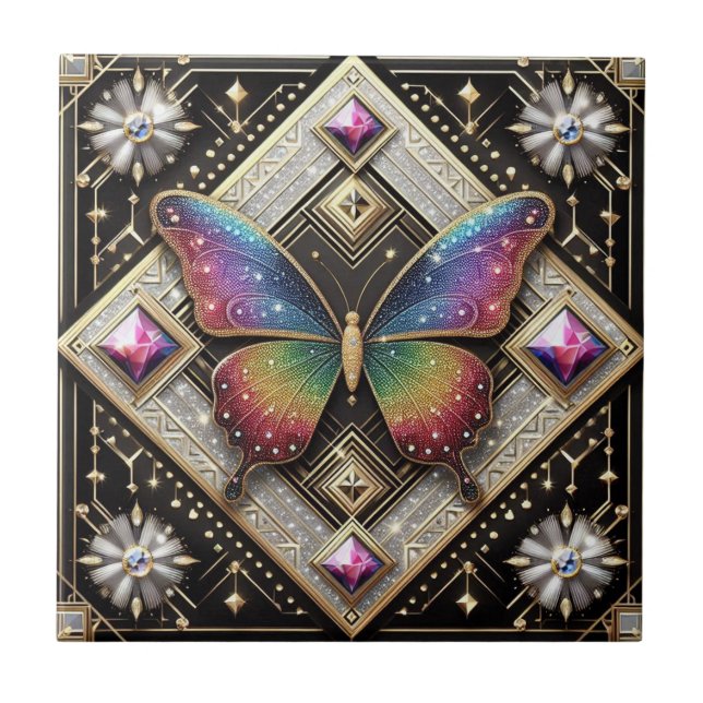 Retro Art Deco Nouveau Rainbow Butterfly Tile (Front)