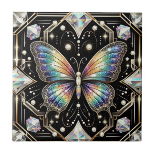 Retro Art Deco Nouveau Rainbow Butterfly Tile