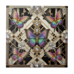 Retro Art Deco Nouveau Rainbow Butterfly Tile