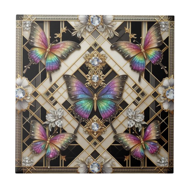 Retro Art Deco Nouveau Rainbow Butterfly Tile (Front)