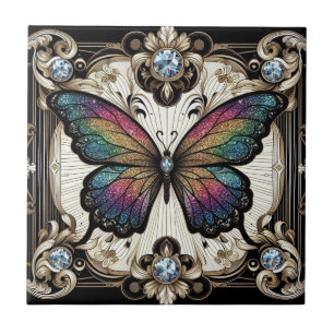 Retro Art Deco Nouveau Rainbow Butterfly Tile