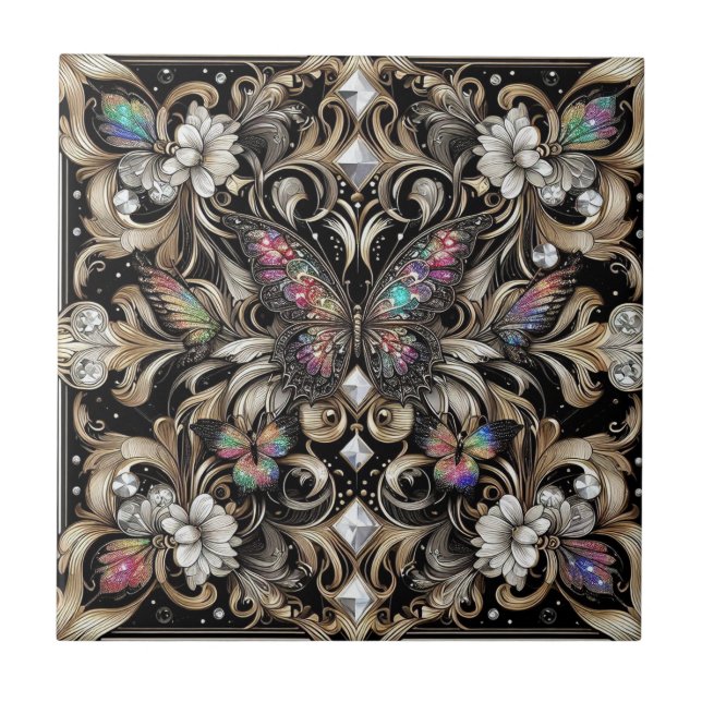 Retro Art Deco Nouveau Rainbow Butterfly Tile (Front)