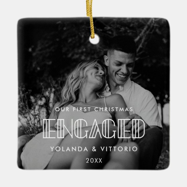 Retro Art Deco Our First Christmas Engaged Photo Ceramic Ornament (Front)