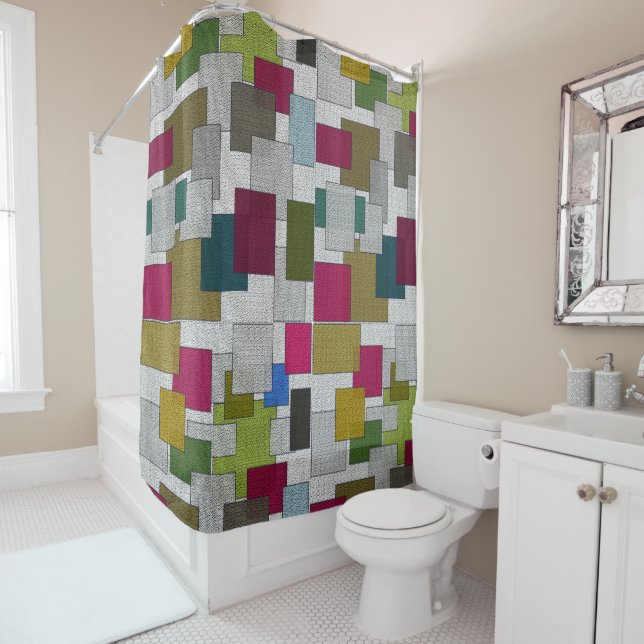 Retro Art Deco Pattern Purple Blue Grey Shower Curtain (In Situ)