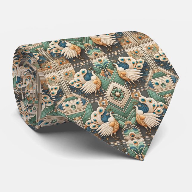Retro Art Deco Peacocks Tie (Rolled)