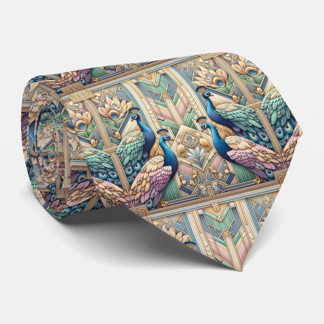Retro Art Deco Peacocks Tie (Rolled)