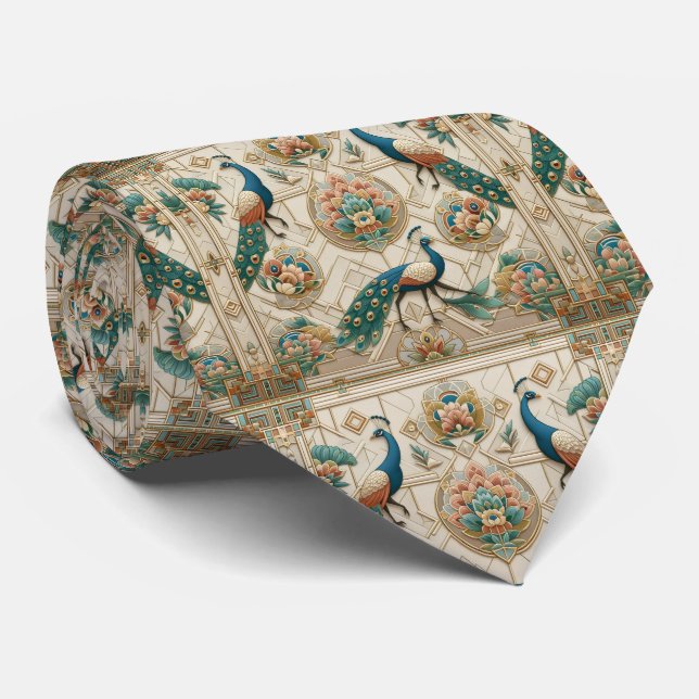 Retro Art Deco Peacocks Tie (Rolled)