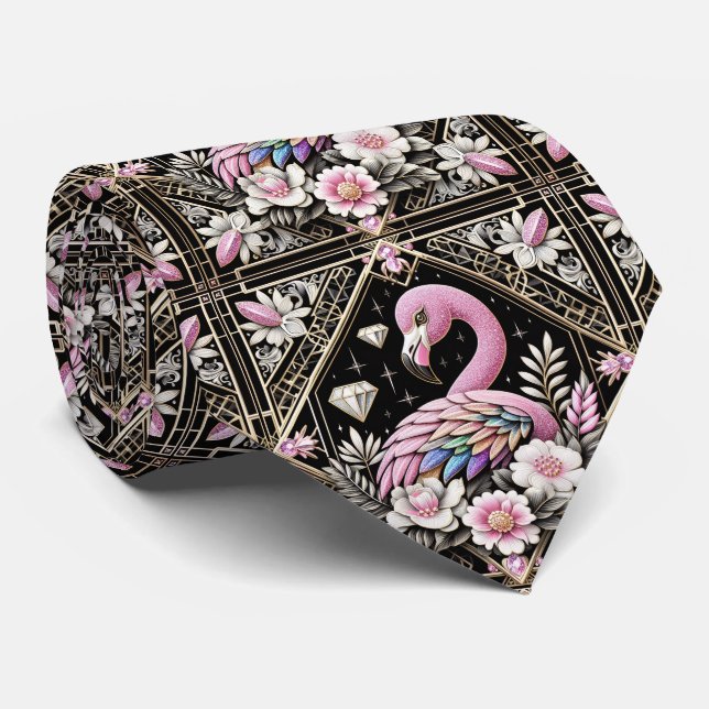 Retro Art Deco Pink Flamingos Tie (Rolled)