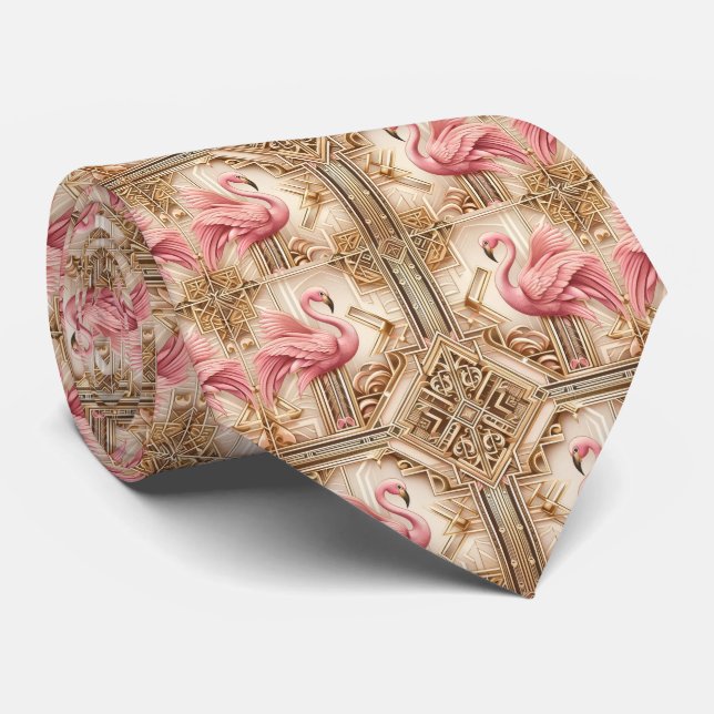 Retro Art Deco Pink Flamingos Tie (Rolled)
