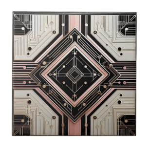 Retro Art Deco Pink Gold and Black Tile