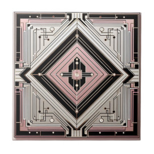 Retro Art Deco Pink Gold and Black Tile