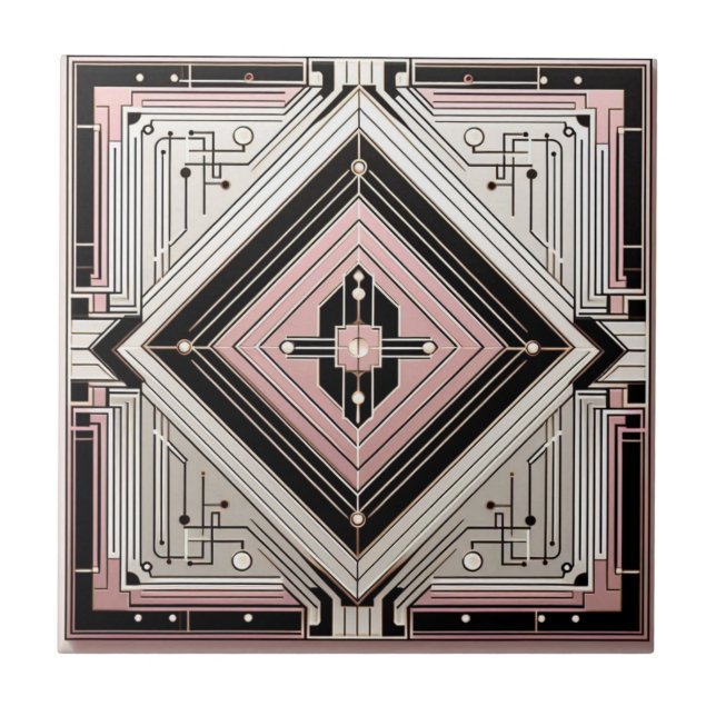 Retro Art Deco Pink White and Black Tile (Front)