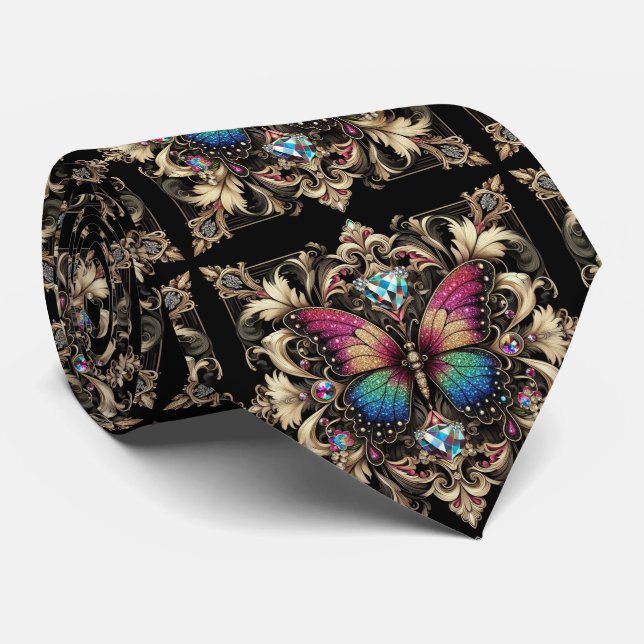 Retro Art Deco Rainbow Butterfly Nouveau Tie (Rolled)
