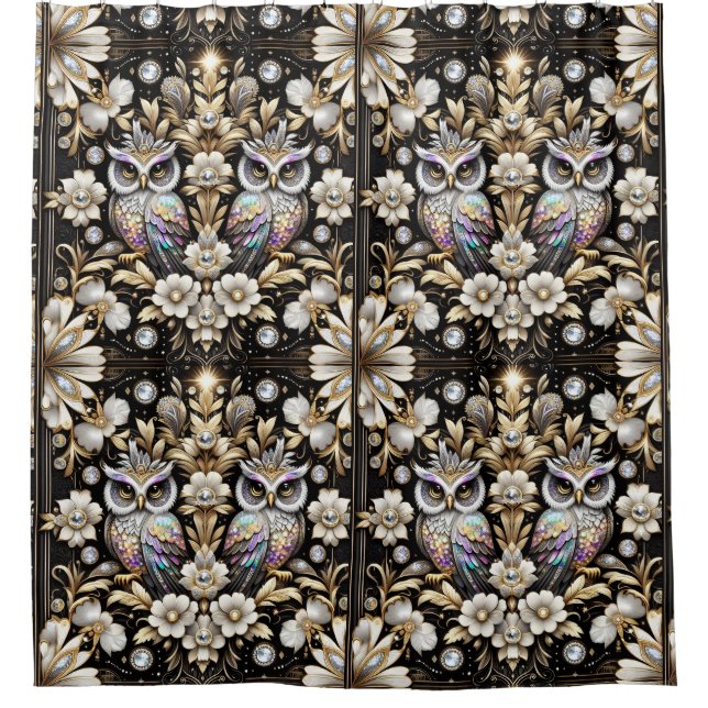 Retro Art Deco Rainbow Owls Shower Curtain (Front)