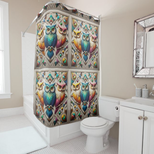 Retro Art Deco Rainbow Owls Shower Curtain (In Situ)