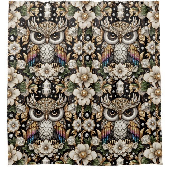 Retro Art Deco Rainbow Owls Shower Curtain (Front)