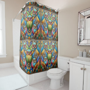 Retro Art Deco Rainbow Owls Shower Curtain