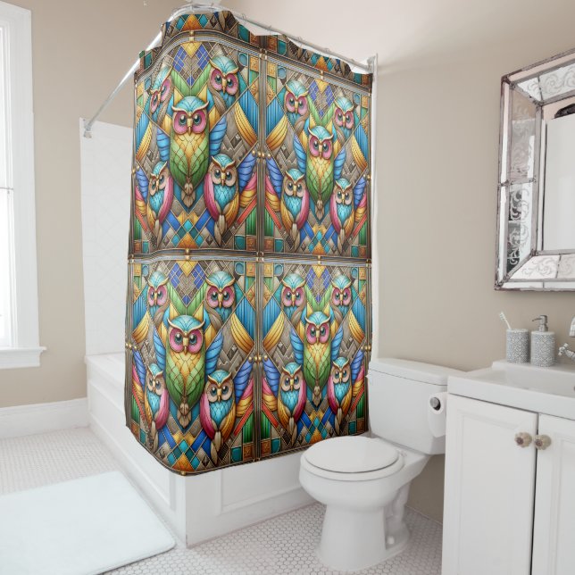 Retro Art Deco Rainbow Owls Shower Curtain (In Situ)