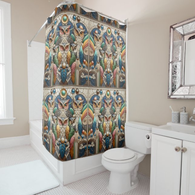 Retro Art Deco Rainbow Owls Shower Curtain (In Situ)