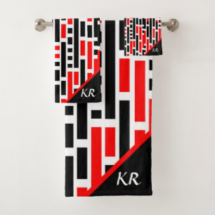 Retro Art Deco Red Black Abstract Pattern Monogram Bath Towel Set