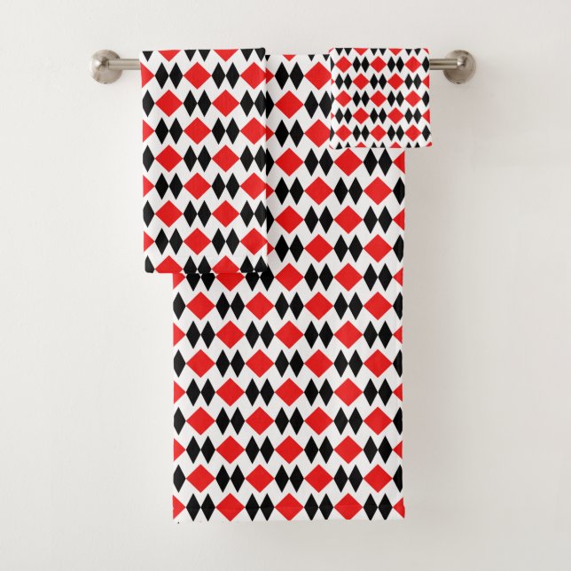 Retro Art Deco Red & Black Diamond Shape Pattern Bath Towel Set (Insitu)