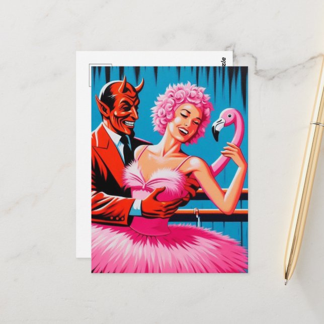 Retro Art Devil With Ballet Dancer Pink Flamingo Postcard (Front/Back In Situ)