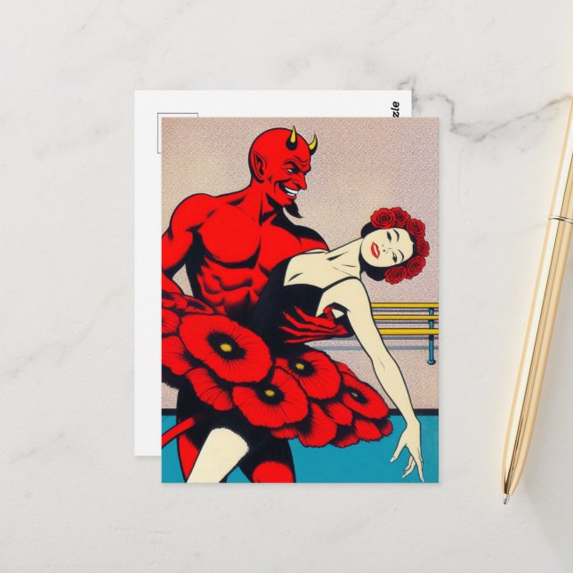 Retro Art Devil With Dancer in a Red Poppy Dress Postcard (Front/Back In Situ)