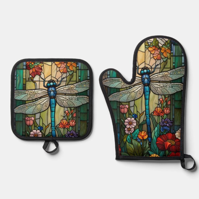 Retro art nouveau dragonfly boho chic oven mitt & pot holder set (Front)