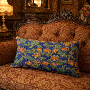 Retro Art Nouveau Fire Colour Floral Thistle Lumbar Cushion