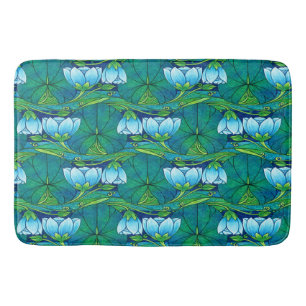 Retro Art Nouveau Floral Lily Pad Pattern Bath Mat