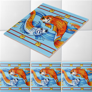 Retro Art Nouveau Koi Fish Frieze Pattern Tile