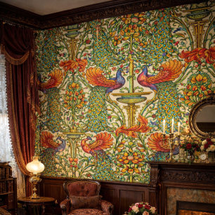 Retro Art Nouveau Peacocks & Fruit by Walter Crane Wallpaper