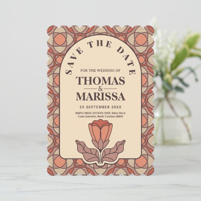 Retro Art Nouveau Save the Date QR Code Card (Standing Front)