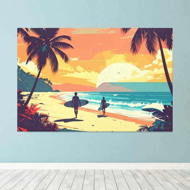 retro art surfers on beach canvas print (Insitu(Wood Floor))
