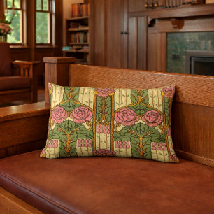 Retro Arts & Crafts Floral Foliage Rose Pattern Lumbar Cushion