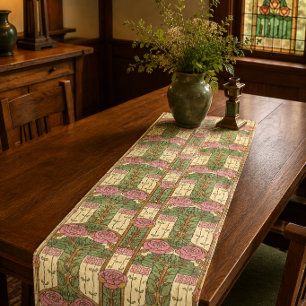 Retro Arts & Crafts Floral Foliage Rose Pattern Short Table Runner