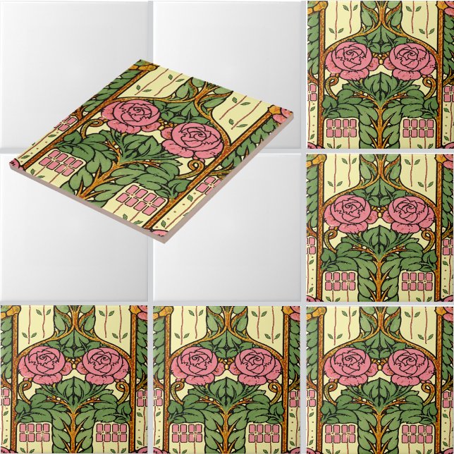 Retro Arts & Crafts Floral Foliage Rose Pattern Tile (Creator Uploaded)