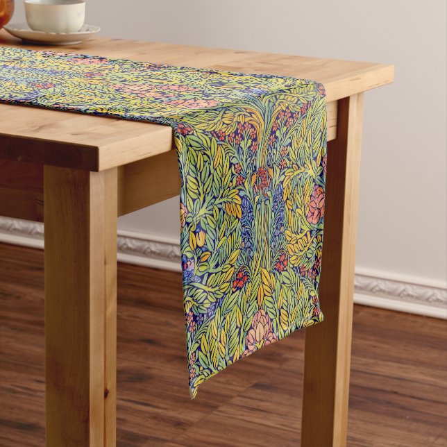 Retro Arts & Crafts style Birds in Trees Pattern Short Table Runner (In Situ)