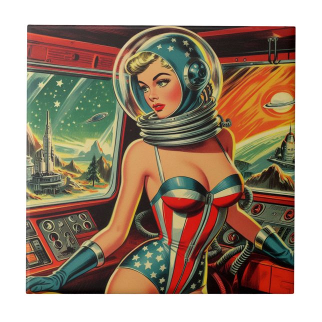 Retro Astronaut Girl Tile (Front)