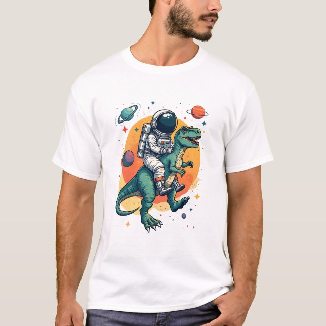 "Retro Astronaut Riding T-Rex in Outer Space T-Shirt (Front)
