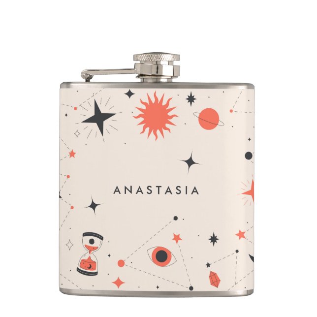 Retro Astronomy Tokens Personalised Hip Flask (Front)