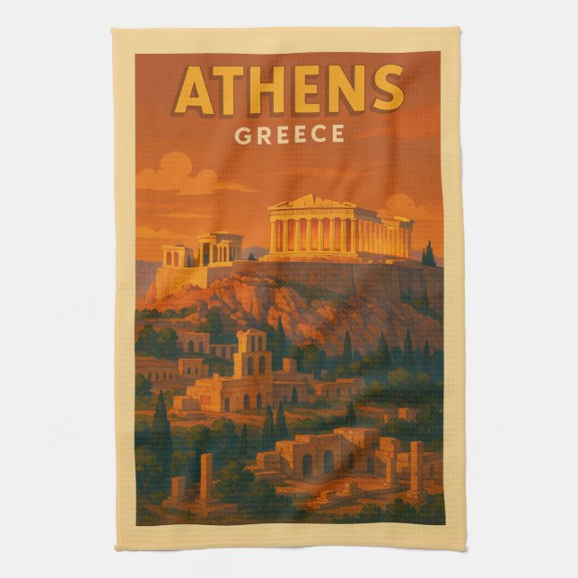Retro Athens Greece Travel Tea Towel (Vertical)