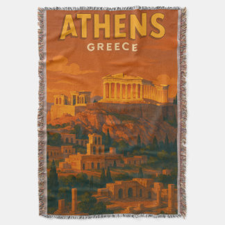 Retro Athens Greece Travel Throw Blanket